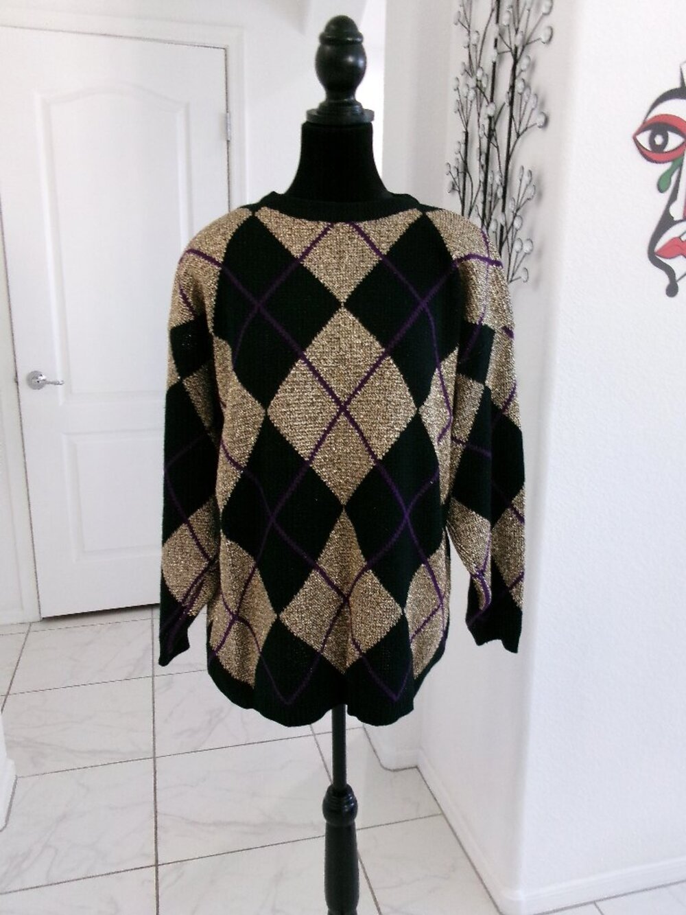 Vintage Sheridan Square Metallic Gold Purple Black Sweater XXL / 2X Sparkly 80s